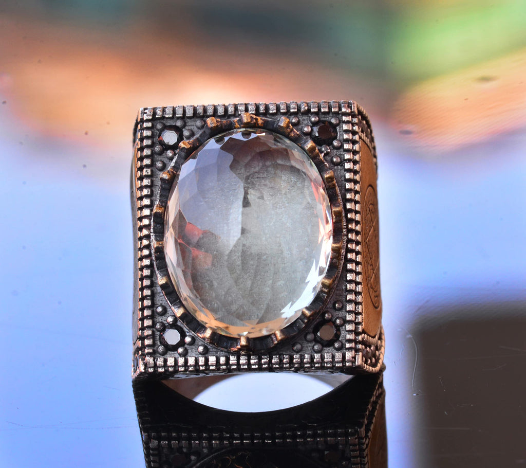 KAMBO Handmade 925 Sterling Silver Men’s Ring with Genuine Natural Citrine Gemstone, Solomon Seal Design, Vintage Statem