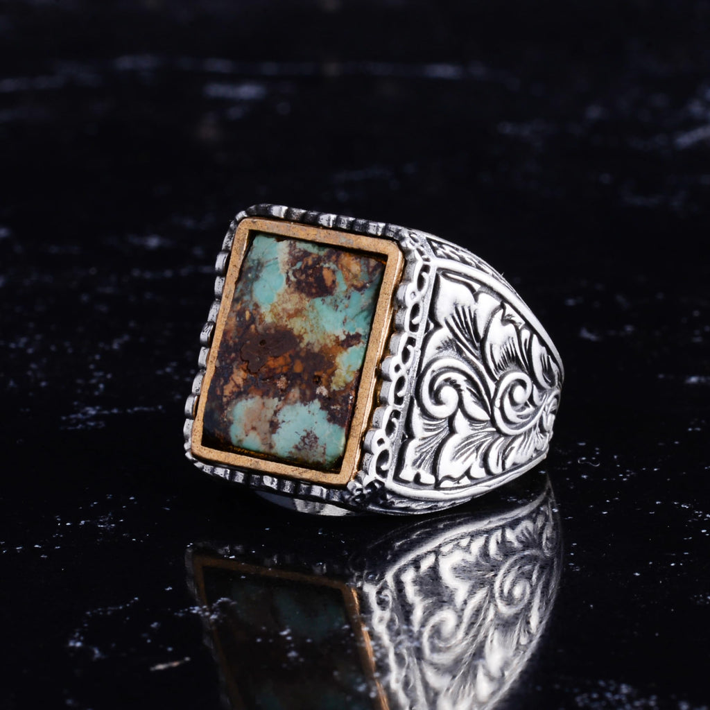 KAMBO Natural Turquoise Stone Men's Ring - 925 Sterling Silver Ring - Square Turquoise Stone Ring - Bronze Detail Men's Jewelry - Handmade Statement Ring — 4
