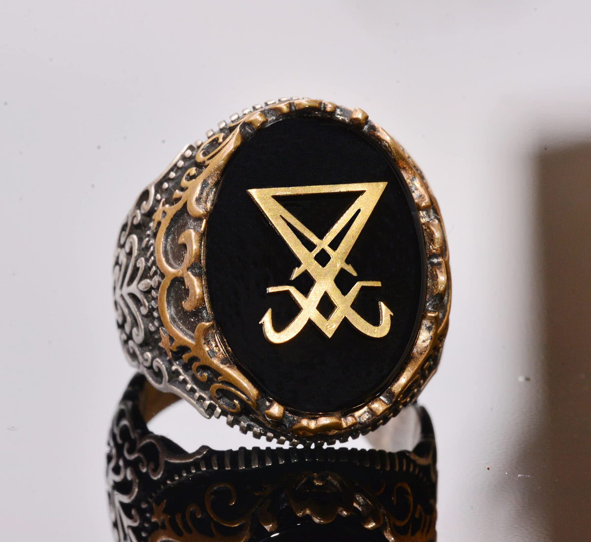 Natural Obsidian Stone Ring - 925 Sterling Silver Ring - Seal Ring (Satanic) — 4