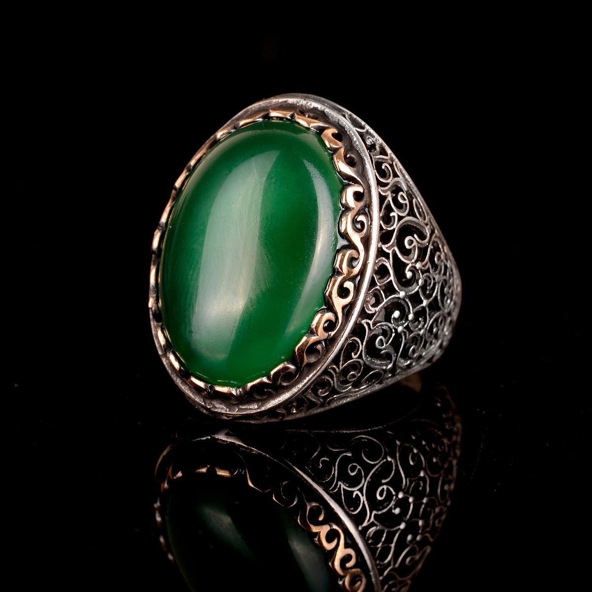 925 Sterling Silver Men's Ring, Natural Jade Ring — 3