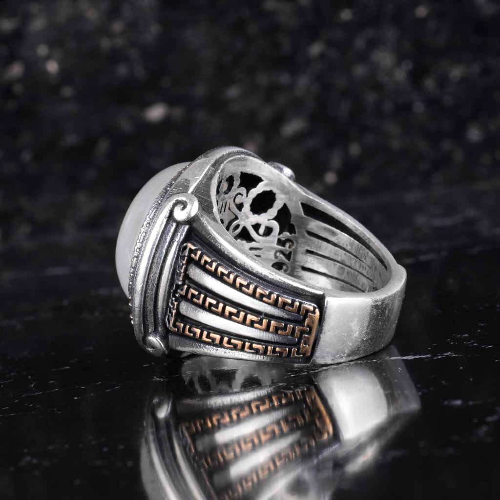 KAMBO Stone Round Men's Ring 925 Sterling Silver – Cabochon Handmade Vintage Greek Pattern Statement Ring (Moonstone) — 7
