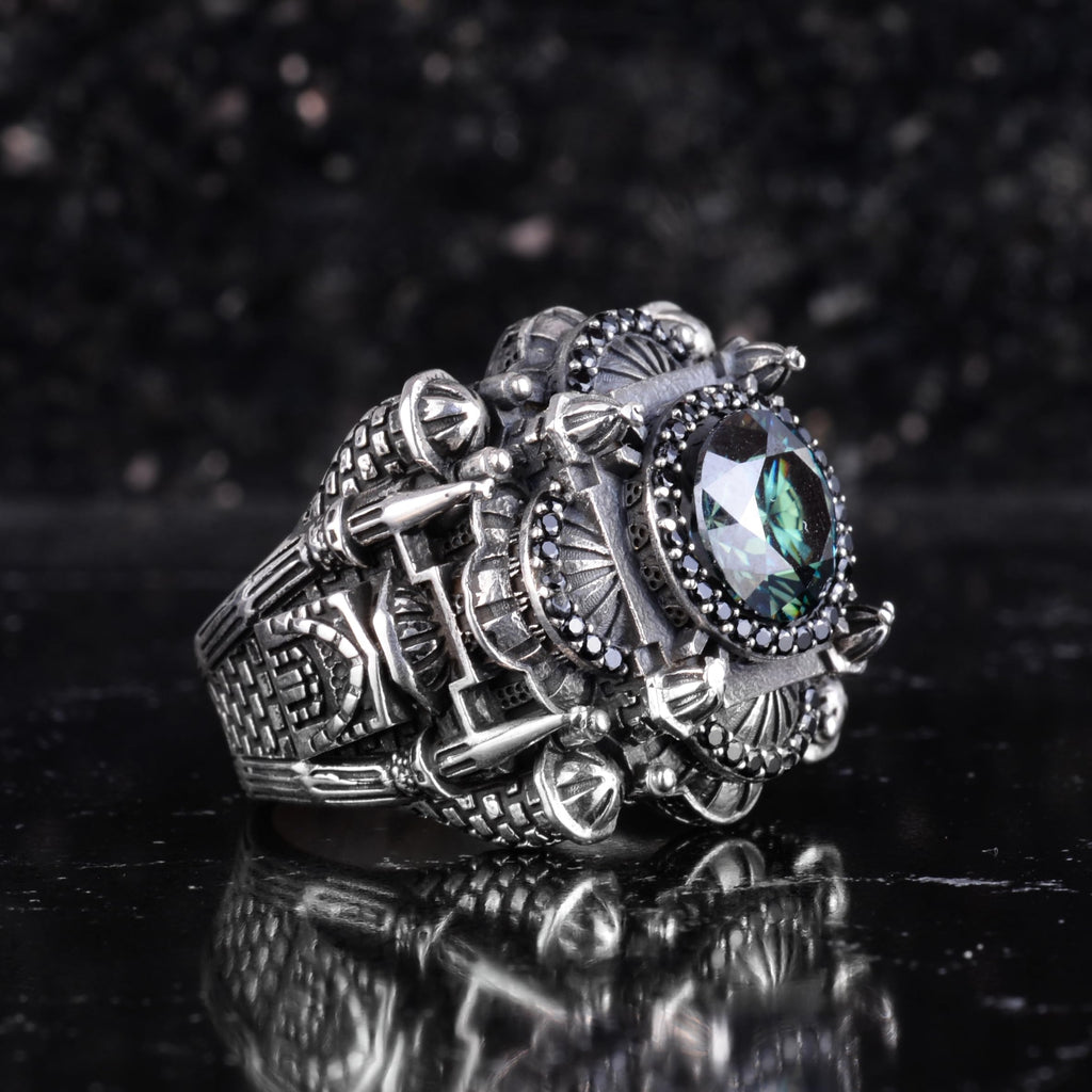 KAMBO Large Natural Stone Men's Ring 925 Sterling Silver – Handmade Statement Ring Inspired by Islamic Mosque (Mozanite-1) — 6