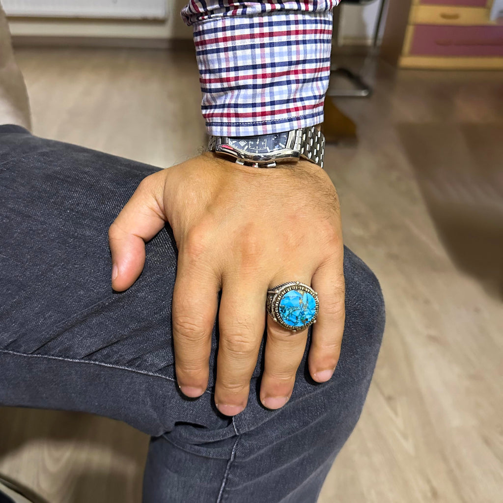 Silver Men's Ring with Natural Turquoise Stone — 3