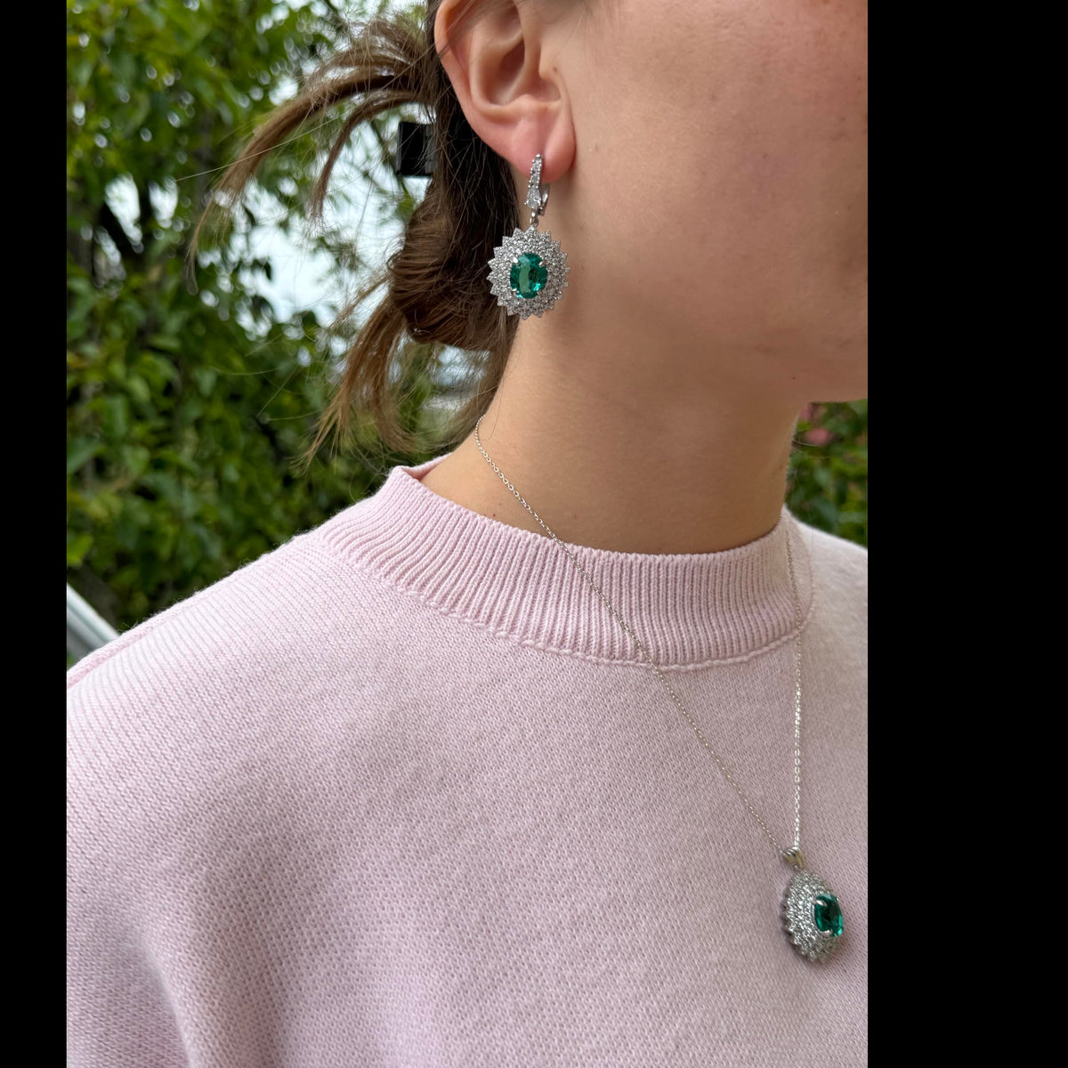 Green Stone Women's Earrings 925 Sterling Silver – Oval Halo Dangle Women's Drop Earrings — 3