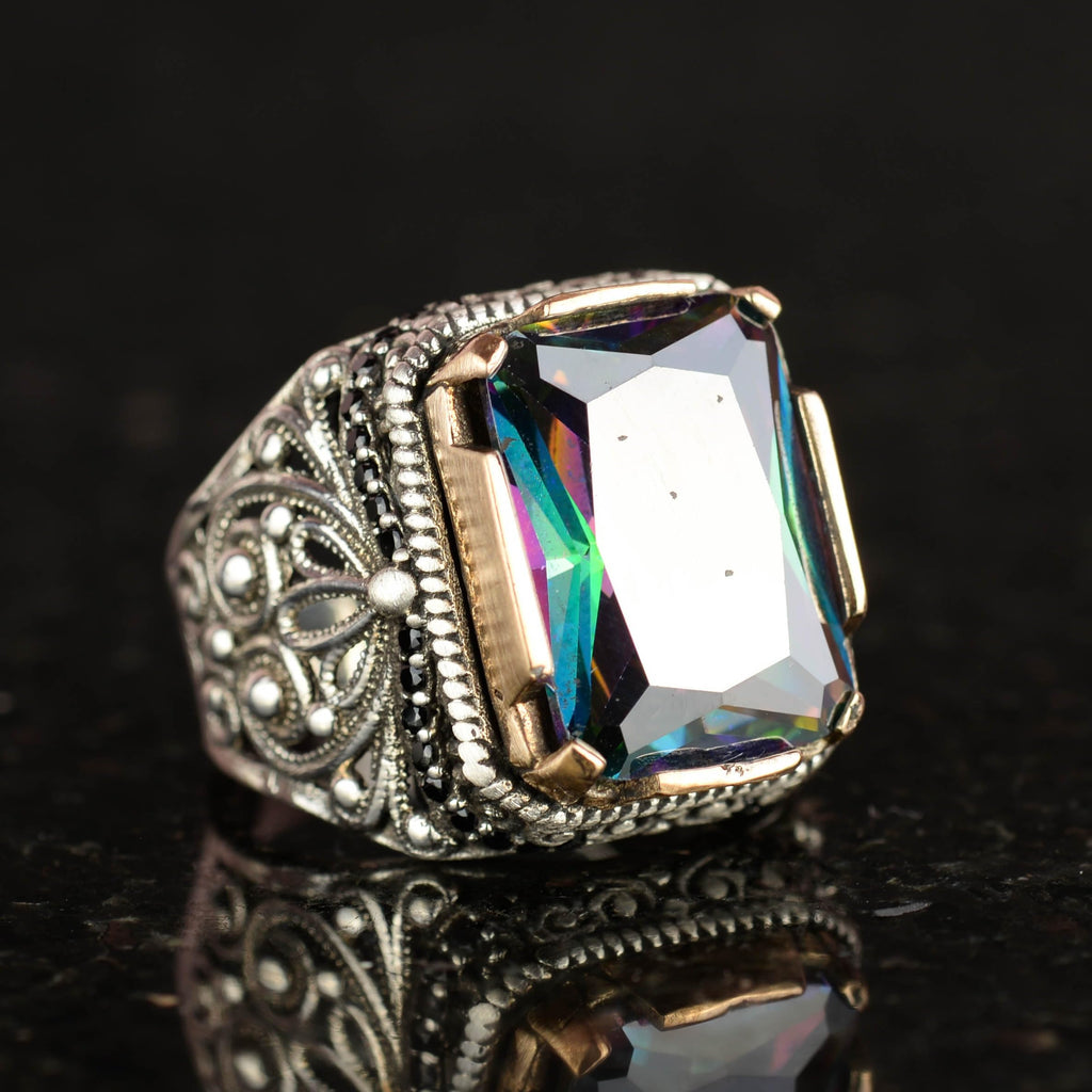 KAMBO Handmade 925 Sterling Silver Men’s Ring with Created Mystic Topaz Stone, Modern Statement Design, Vintage Style, C