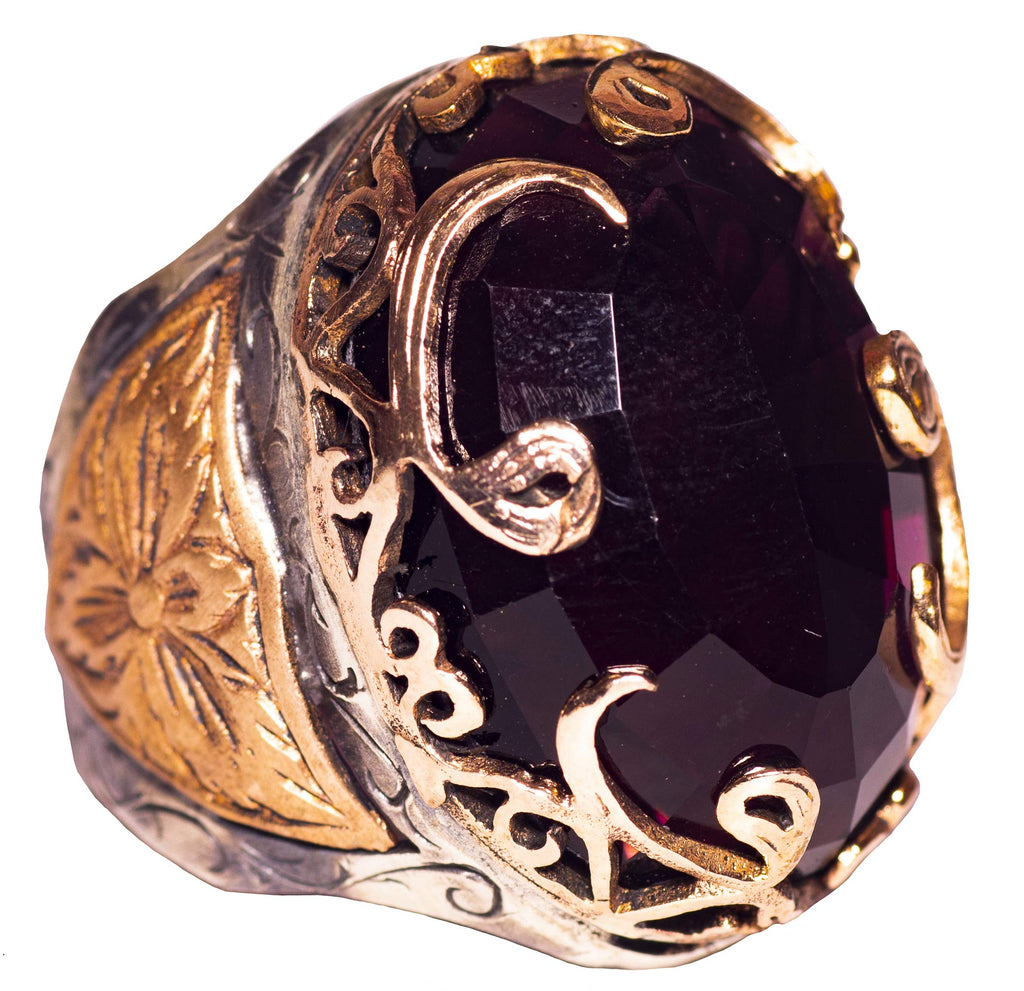925 Sterling Silver Men's Ring - Artificial Amethyst Stone, Fine Gold Detail