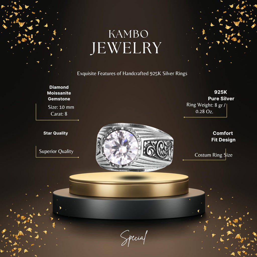 KAMBO Certified Natural Diamond Moissanite Stone Men's Ring 925 Sterling Silver – Ottoman Pattern Round Statement Ring Details — 2