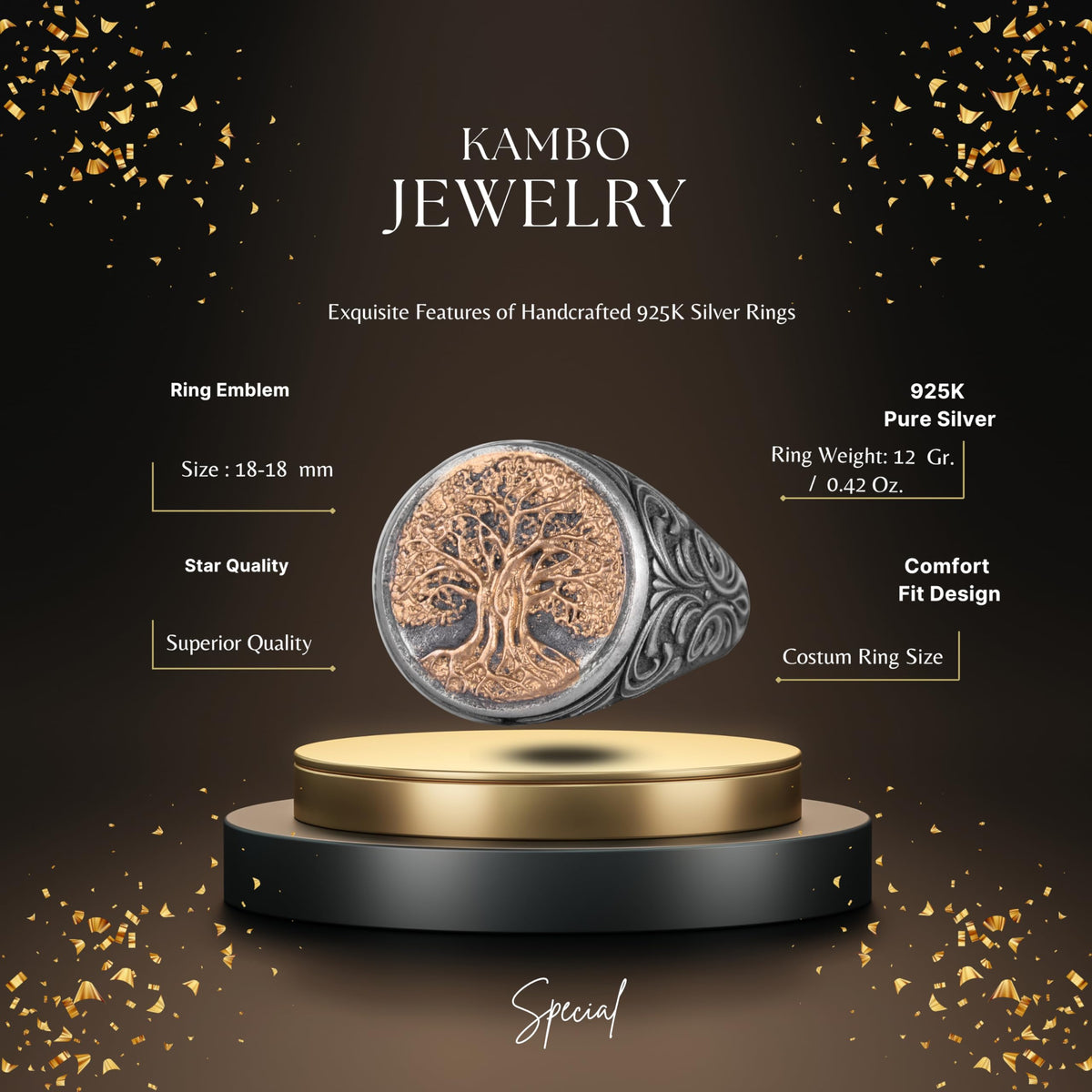 KAMBO Tree of Life Designed 925 Sterling Silver Men's Ring – Handmade Symbolic Spiritual Ring (Gold Plated) — 2