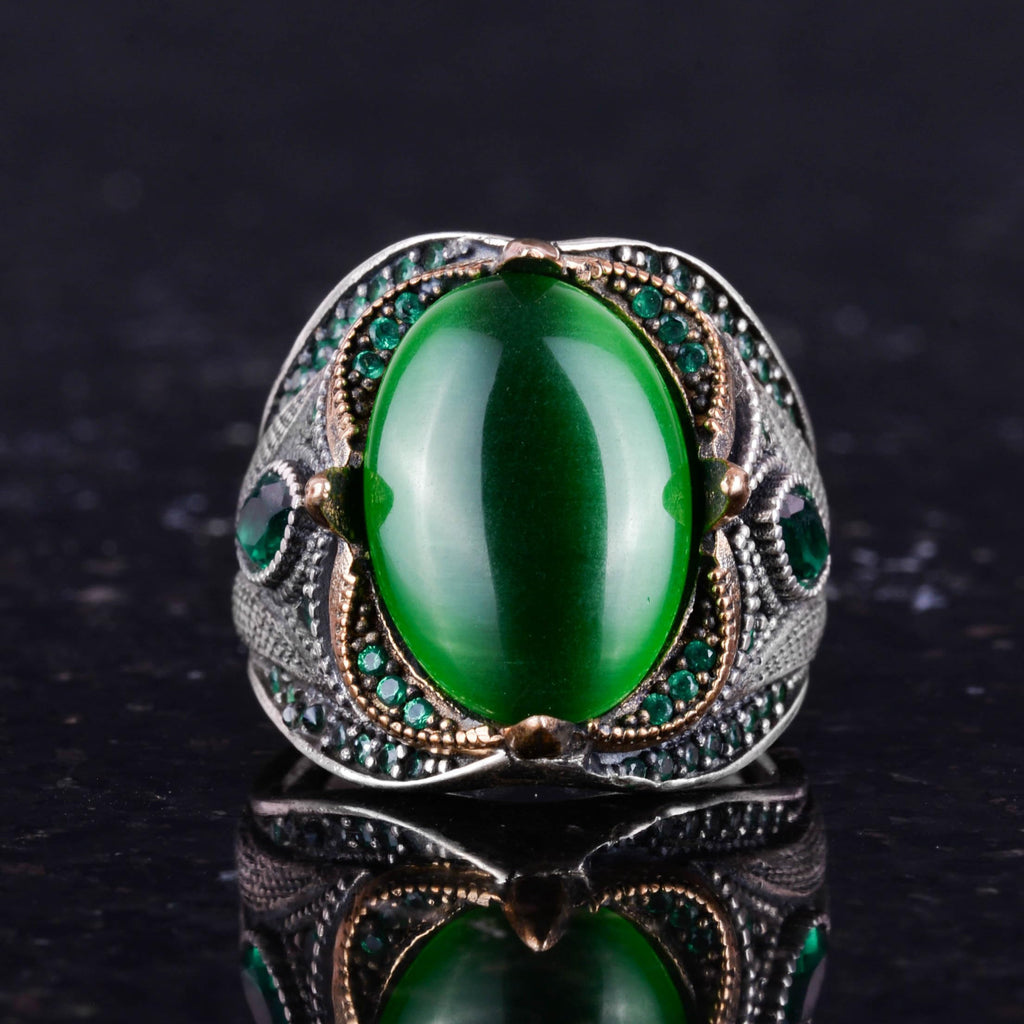 Kambo Synthetic Green Cat's Eye Stone Ring – 925 Sterling Silver Handmade Jewelry — 4