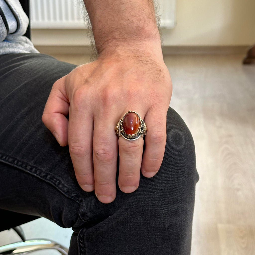 Natural Red Agate Stone Ring - 925 Sterling Silver Men's Ring — 3