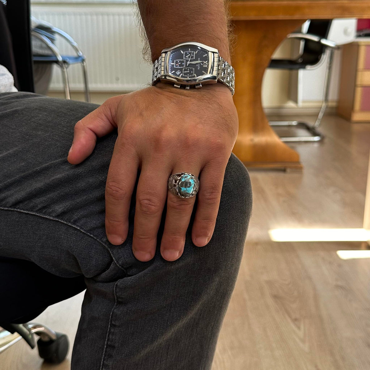 Natural Arizona Turquoise Stone Ring, 925 Sterling Silver Ring (Model-3) — 3