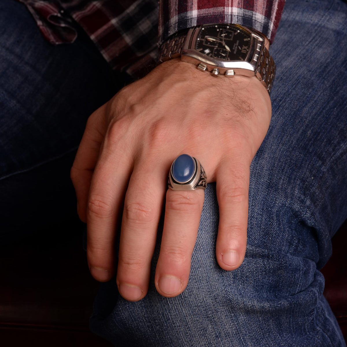 Natural Malachite Stone Silver Men's Ring — 4