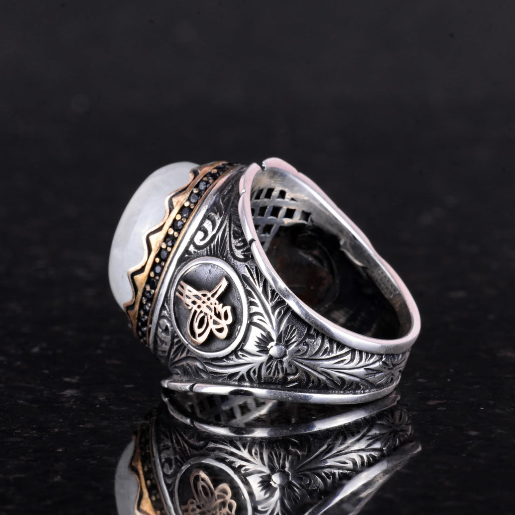 Natural Cabochon Aquamarine Stone Ring, Ottoman Tugra Silver Ring — 7
