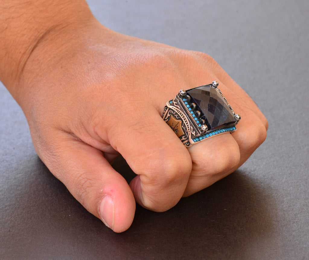 Blue Sapphire Rectangular Stone Ring, 15.45 Carat, Islamic Ring, 925 Sterling Silver Men's Ring — 7