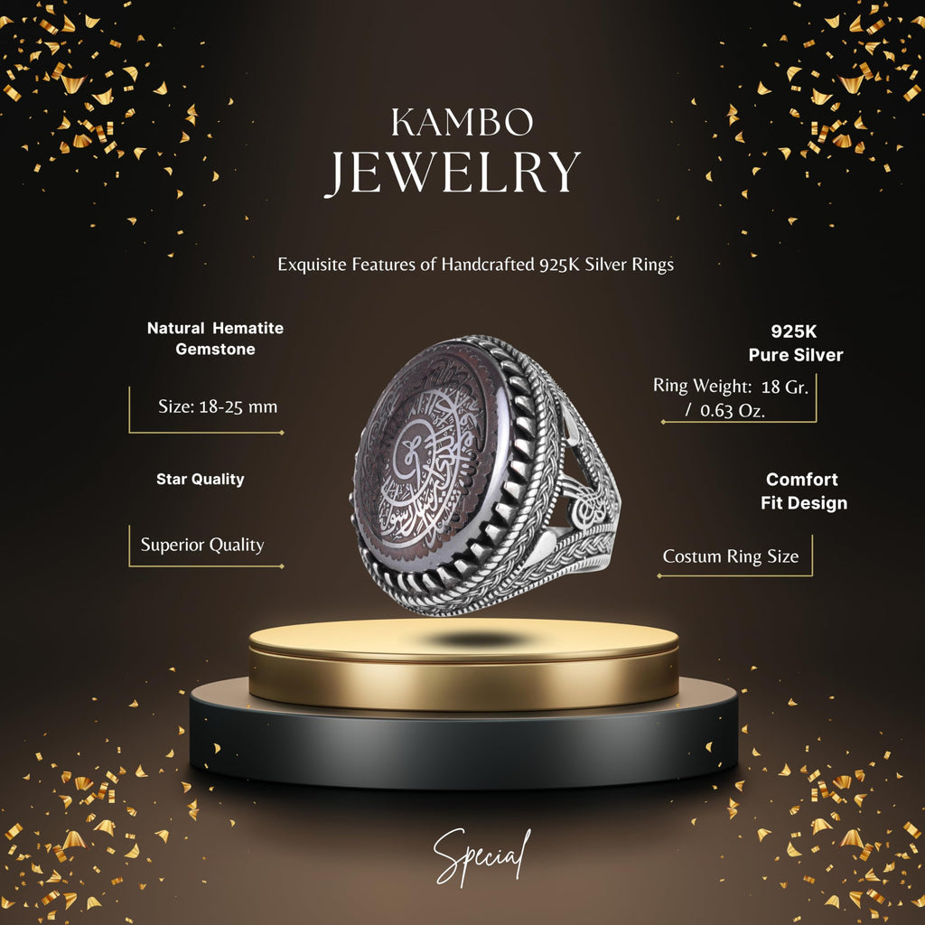 KAMBO Natural Hematite Stone Ring – 925 Sterling Silver Ottoman Tugra Design – Islamic Men's Statement Ring (Allah Arabic Calligraphy) — 2