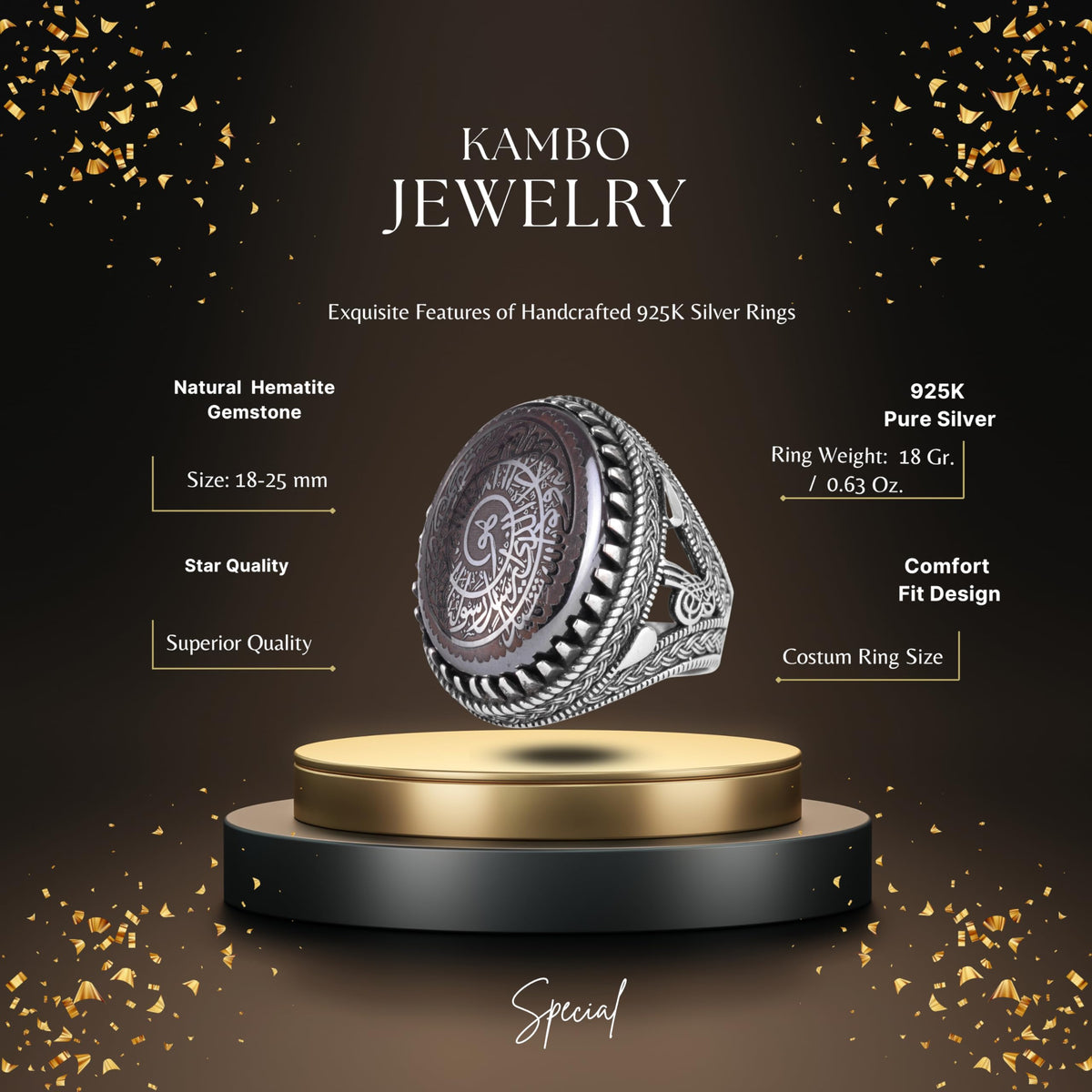 KAMBO Natural Hematite Stone Ring – 925 Sterling Silver Ottoman Tugra Design – Islamic Men's Statement Ring (Allah Arabic Calligraphy) — 2