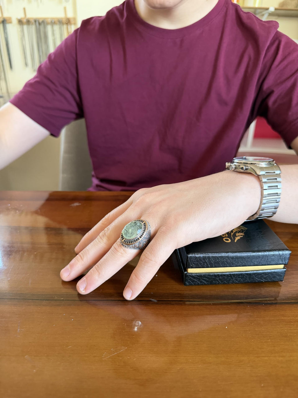 Men's Natural Stone Large Ring – Oval Stone Vintage Byzantine Engraved Statement Ring - Antique Filigree 925 Sterling Silver Jewelry (Prehnite) — 3