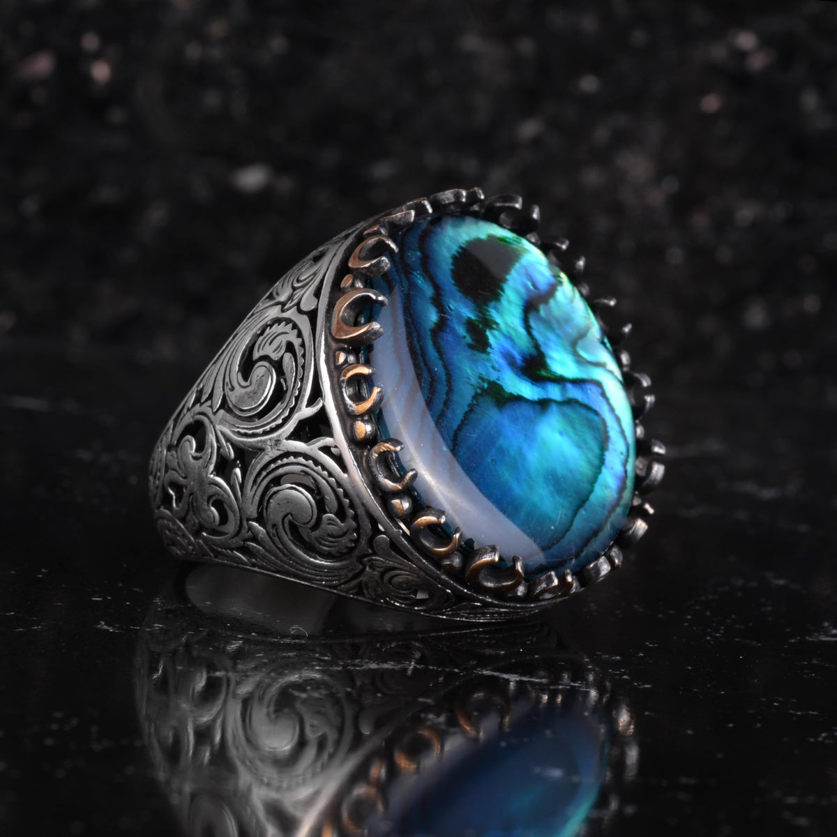 KAMBO Natural Stone Round Large Men's Ring – 925 Sterling Silver Handmade Ring – Statement Ring – Vintage Ottoman Style Men's Jewelry (Paua Shell Pearl) — 6