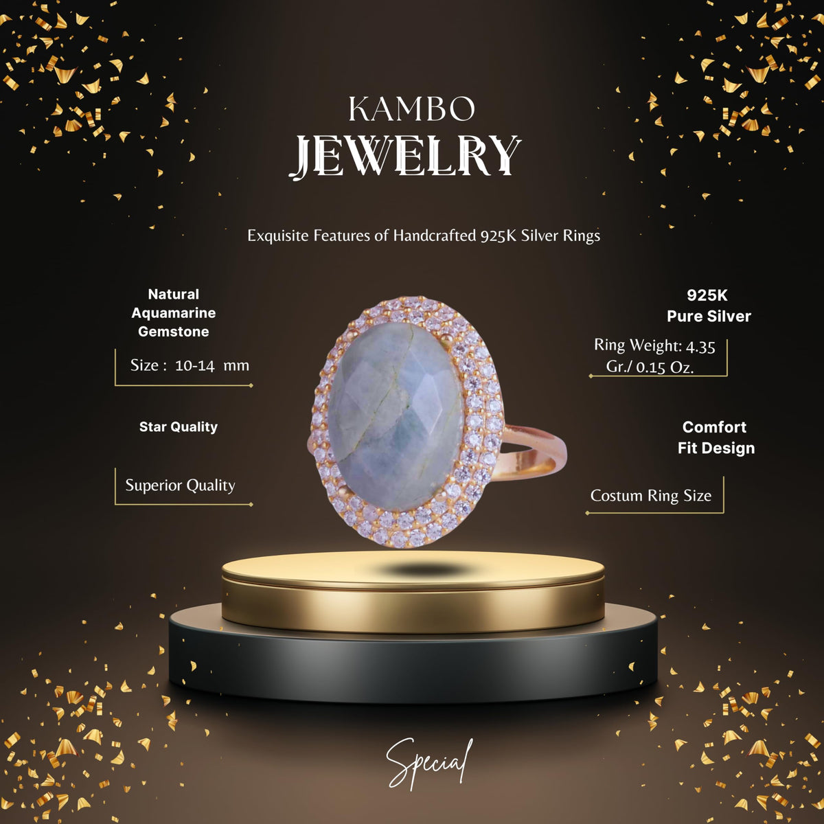 KAMBO 925 Sterling Silver Women's Ring - Oval Natural Stone - Bright Crystal Halo with Gold Plating - Elegant Handmade Jewelry (Aquamarine) — 2