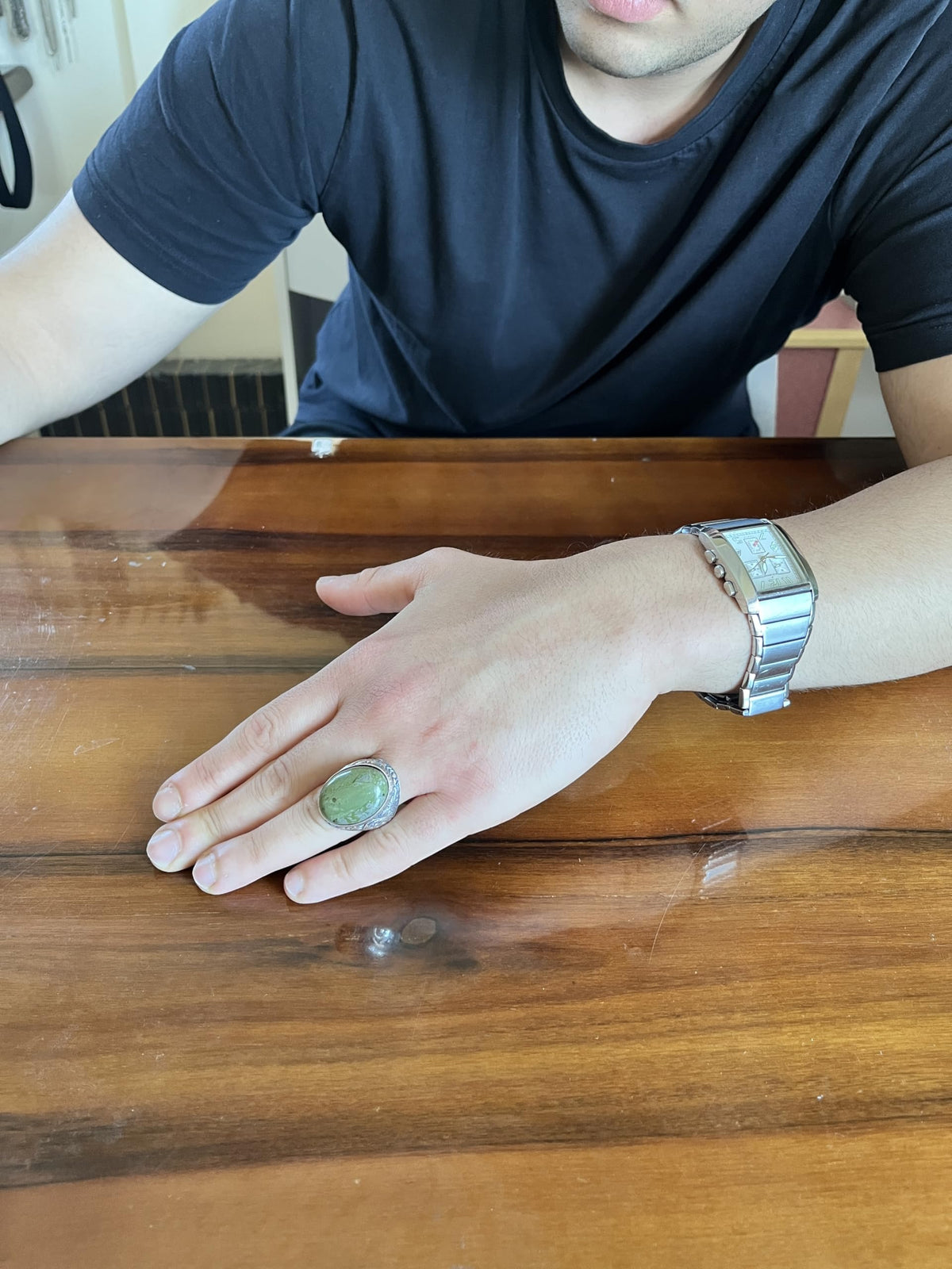 KAMBO Natural Unakite Stone Large Men's Ring - Oval Cabochon Stone Vintage Floral Engraved Statement Ring - 925 Sterling Silver Handmade Jewelry — 3