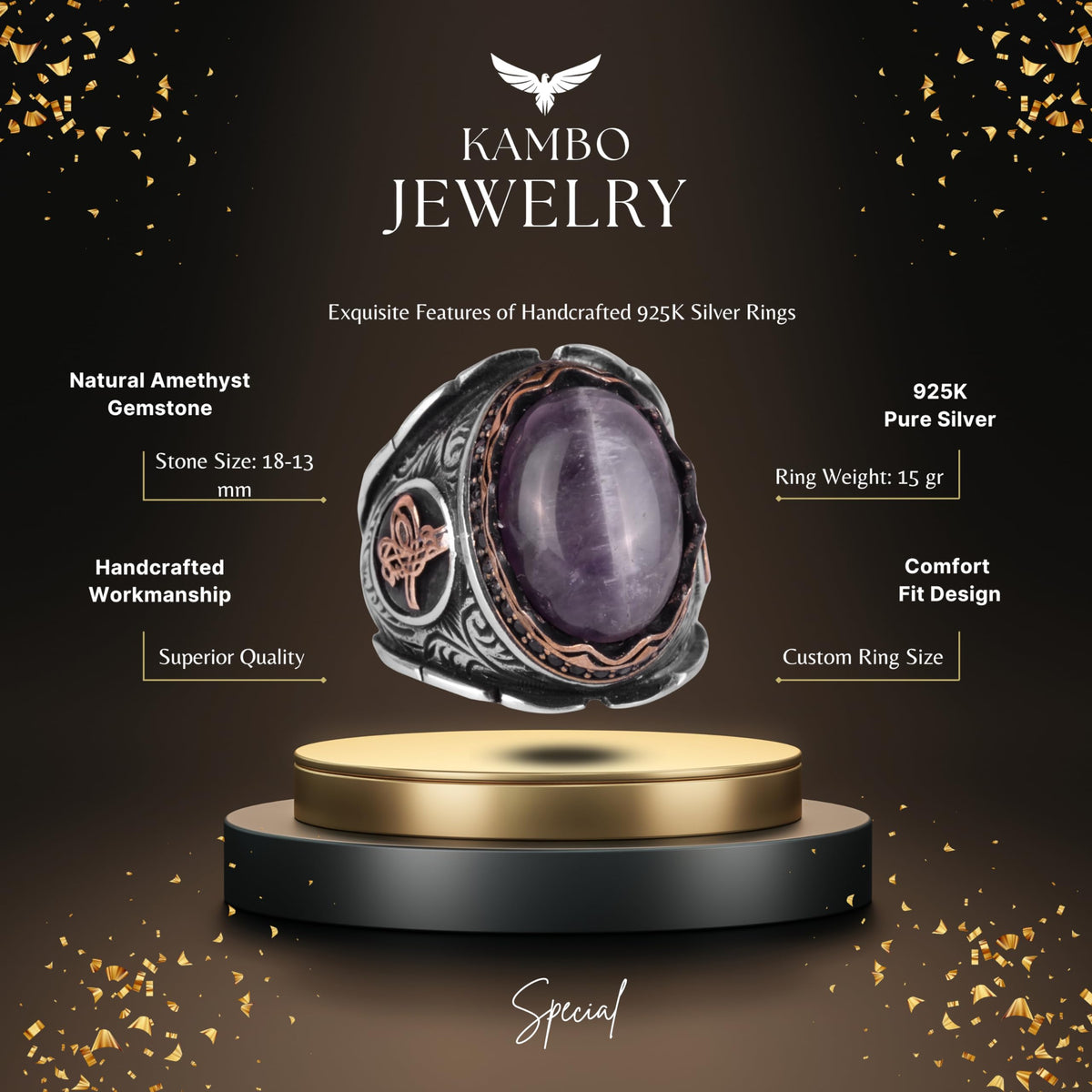 Ottoman Tughra Natural Amethyst Stone Ring — 2