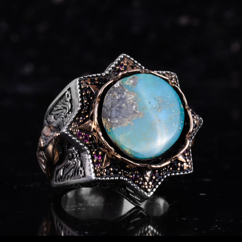 KAMBO Synthetic Turquoise Star Cut Men's Ring - 925 Sterling Silver Handmade, Bronze Detailed Large Ring — 6
