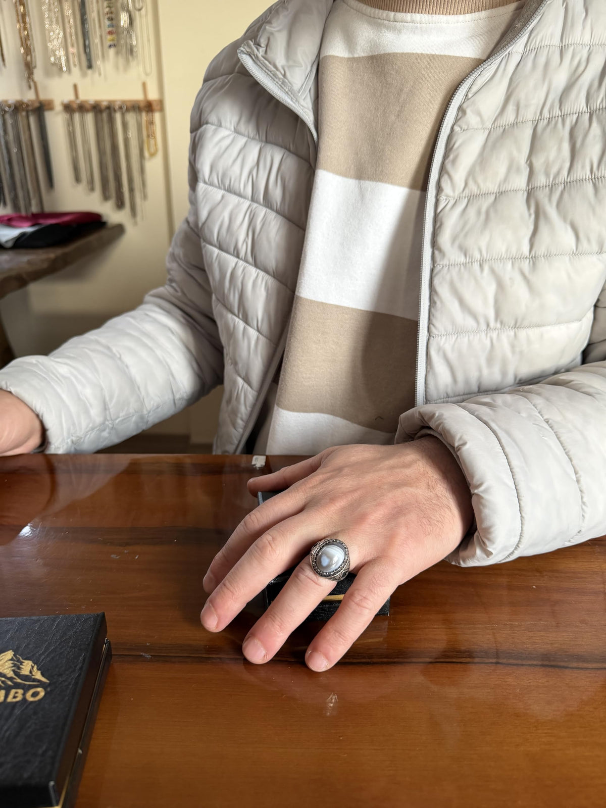 KAMBO Natural Agate Stone Men's Ring – Band Stone – 925 Sterling Silver Handmade Statement Ring – Vintage Ottoman Style Men's Jewelry (Agate-4) — 3