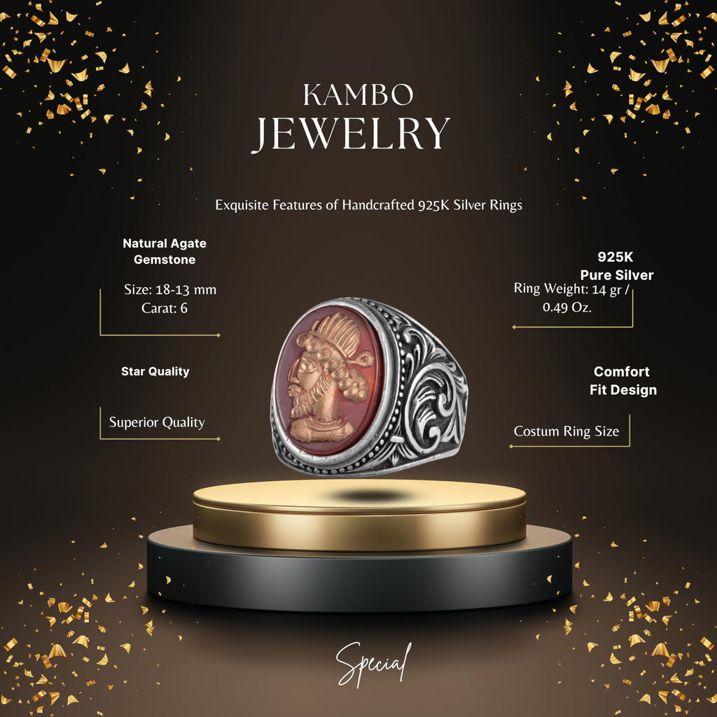 KAMBO Natural Agate Ottoman Sultan Cameo Men's Ring 925 Sterling Silver Vintage Red Stone Hand-Carved Shape Statement Ring — 2