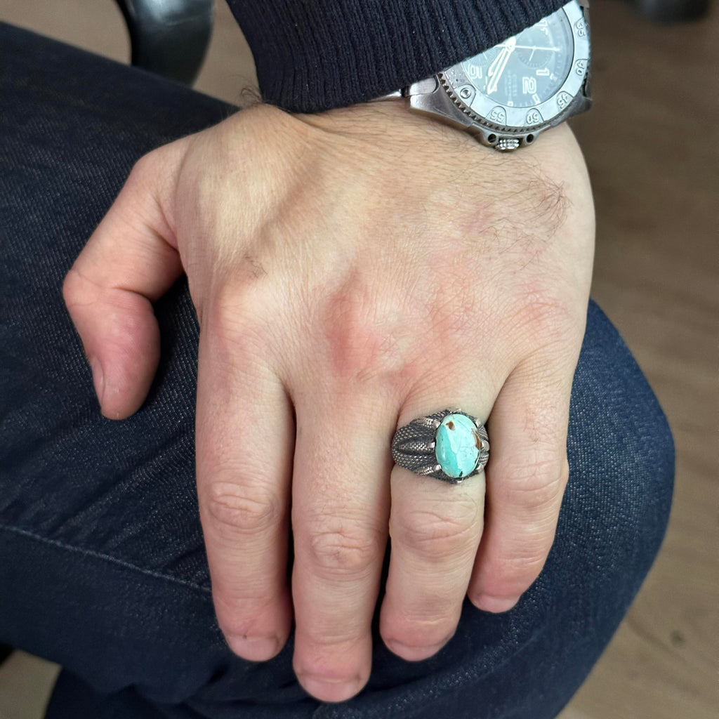 925 Sterling Silver Men's Ring, Natural Arizona Turquoise Stone Ring, Claw Ring — 3
