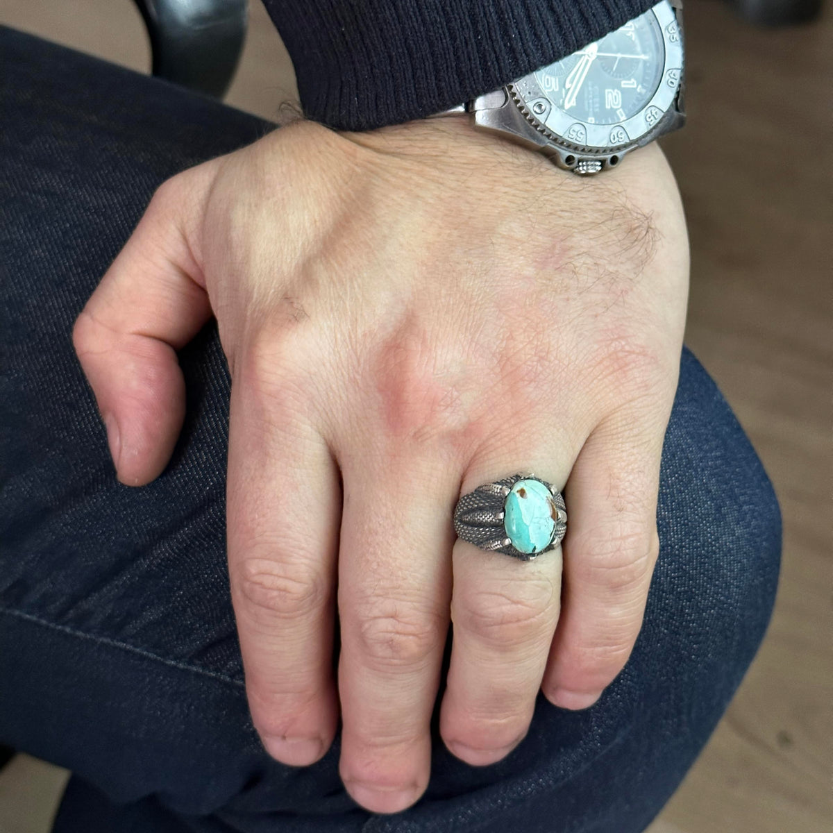 925 Sterling Silver Men's Ring, Natural Arizona Turquoise Stone Ring, Claw Ring — 3