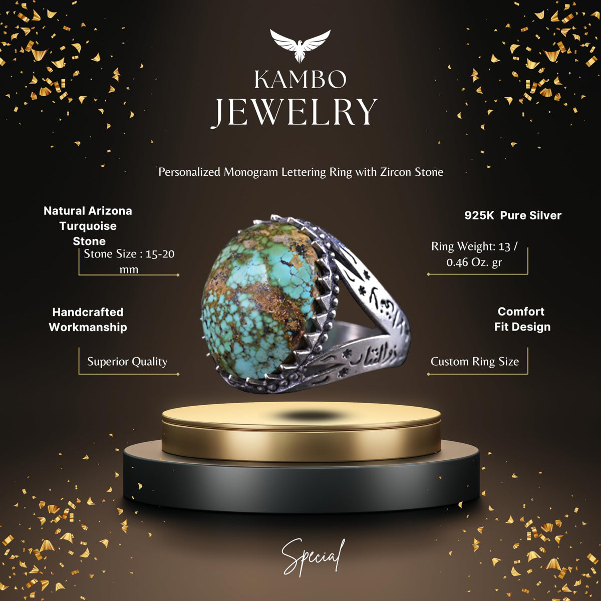 KAMBO Natural Turquoise Stone and Arabic Calligraphy Design 925 Sterling Silver Men's Ring — 2