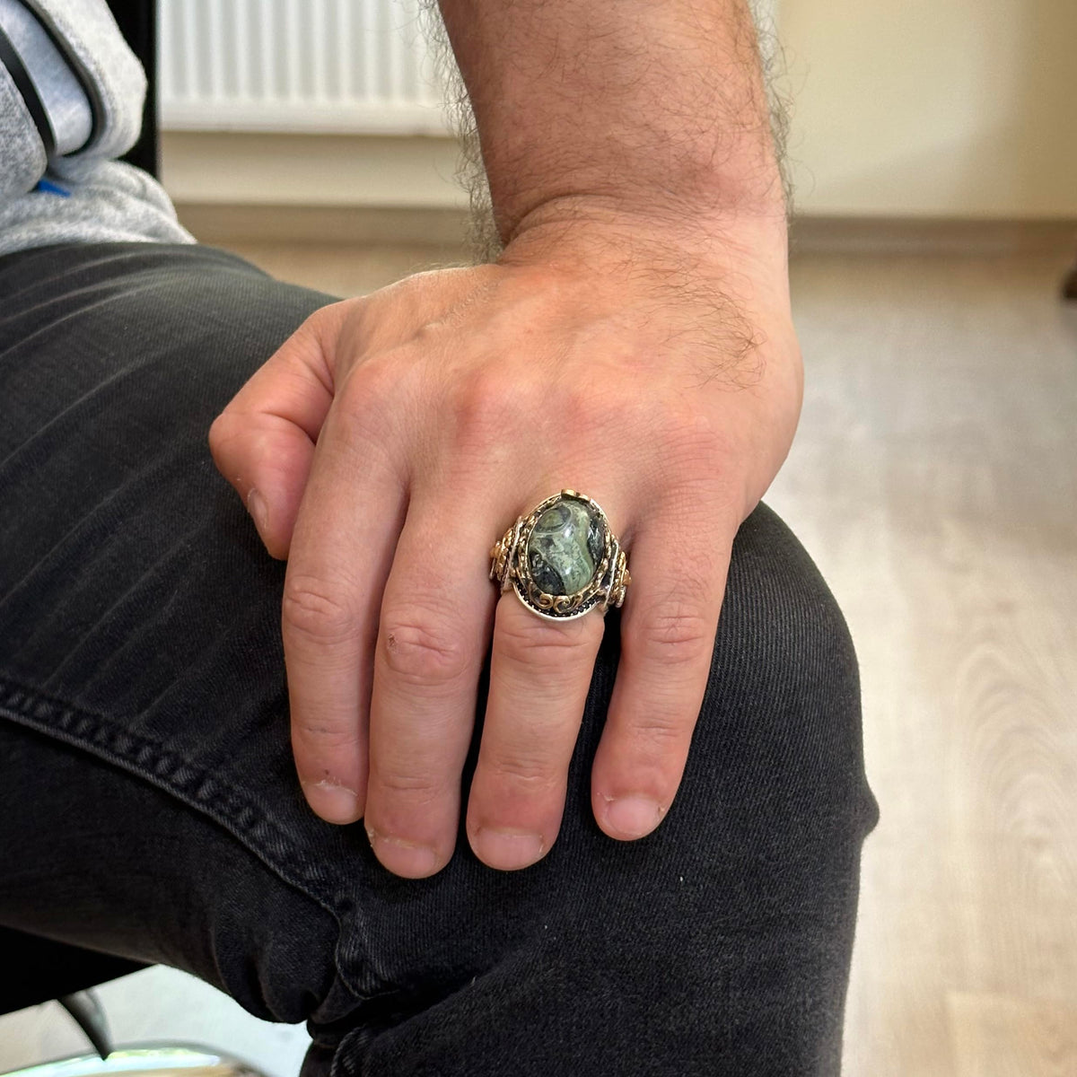 Handmade Green Eye Natural Stone Ring - Lion Silver Head Design — 3