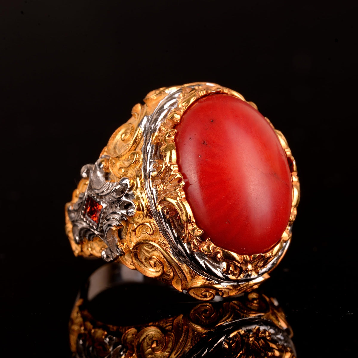 Natural Coral Stone Ring, 925 Sterling Silver — 4
