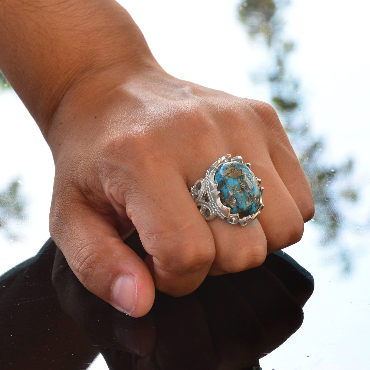 Natural Arizona Turquoise Stone Ring, Handmade Jewelry, 925 Sterling Silver — 6