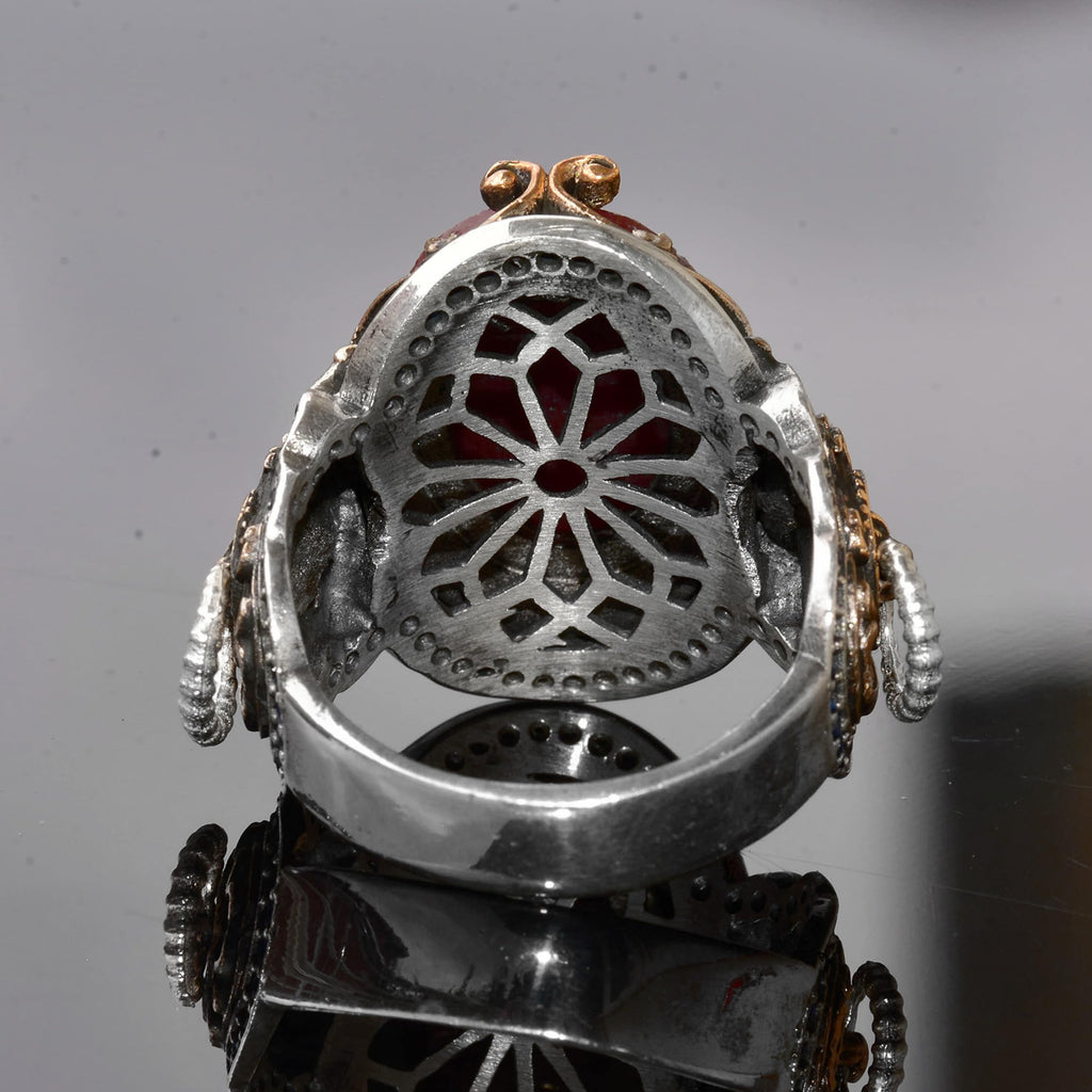 Handmade 925 Sterling Silver Lion Design Ring - Natural Ruby — 8