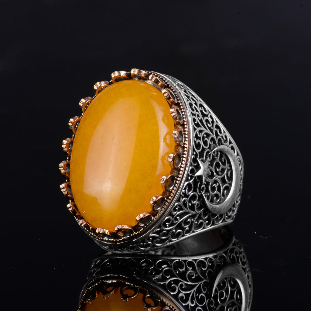 KAMBO 925 Sterling Silver Natural Stone Men's Ring - Moon and Star Design - Handmade Vintage Jewelry (Yellow Agate) — 5