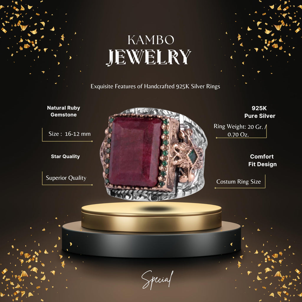 KAMBO 925 Sterling Silver Natural Ruby Men's Ring – Handmade Ottoman Style Statement Ring – Vintage Turkish Jewelry — 2