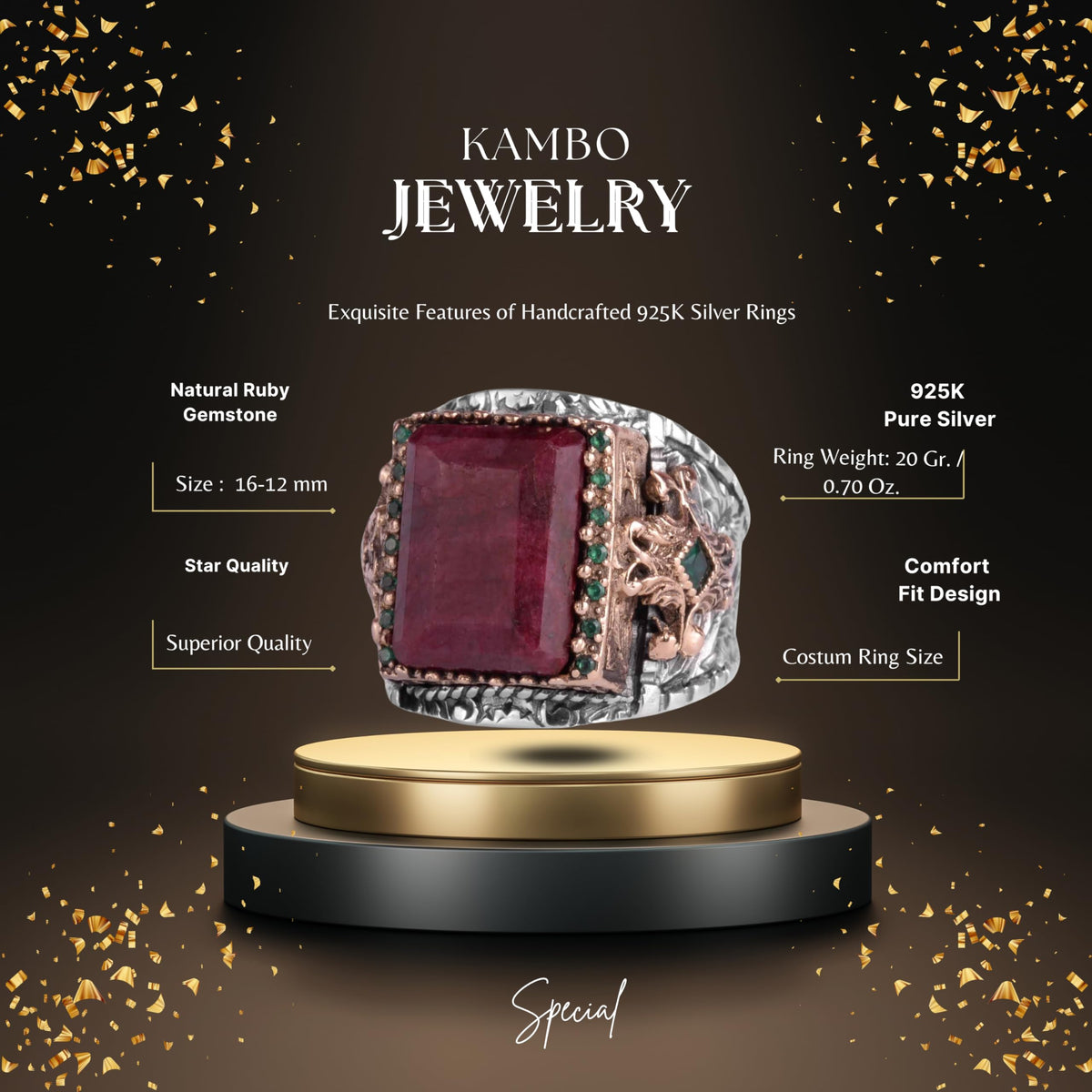 KAMBO 925 Sterling Silver Natural Ruby Men's Ring – Handmade Ottoman Style Statement Ring – Vintage Turkish Jewelry — 2