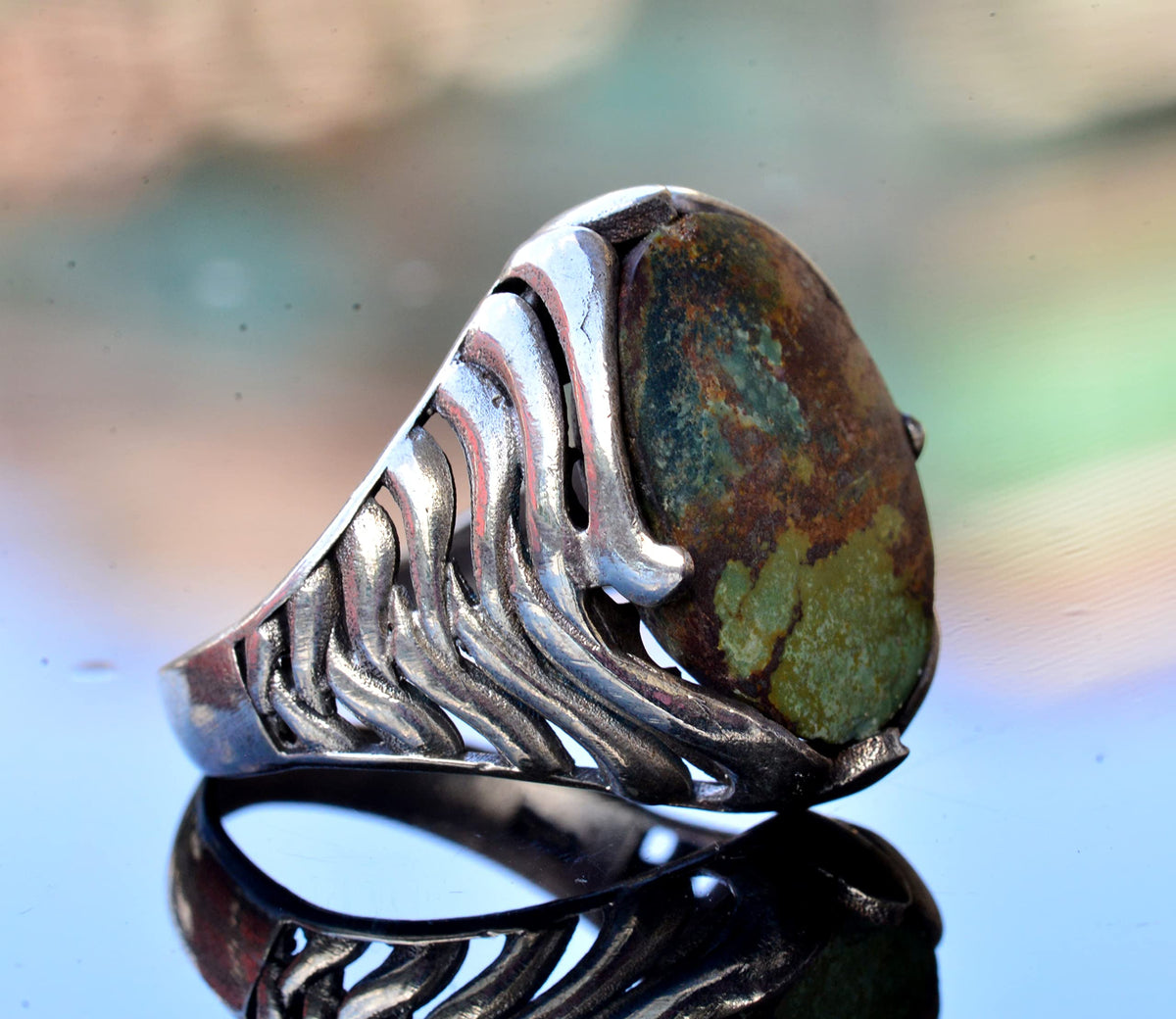 Natural Arizona Turquoise Stone Ring - Silver Men's Ring (Model-2) — 4