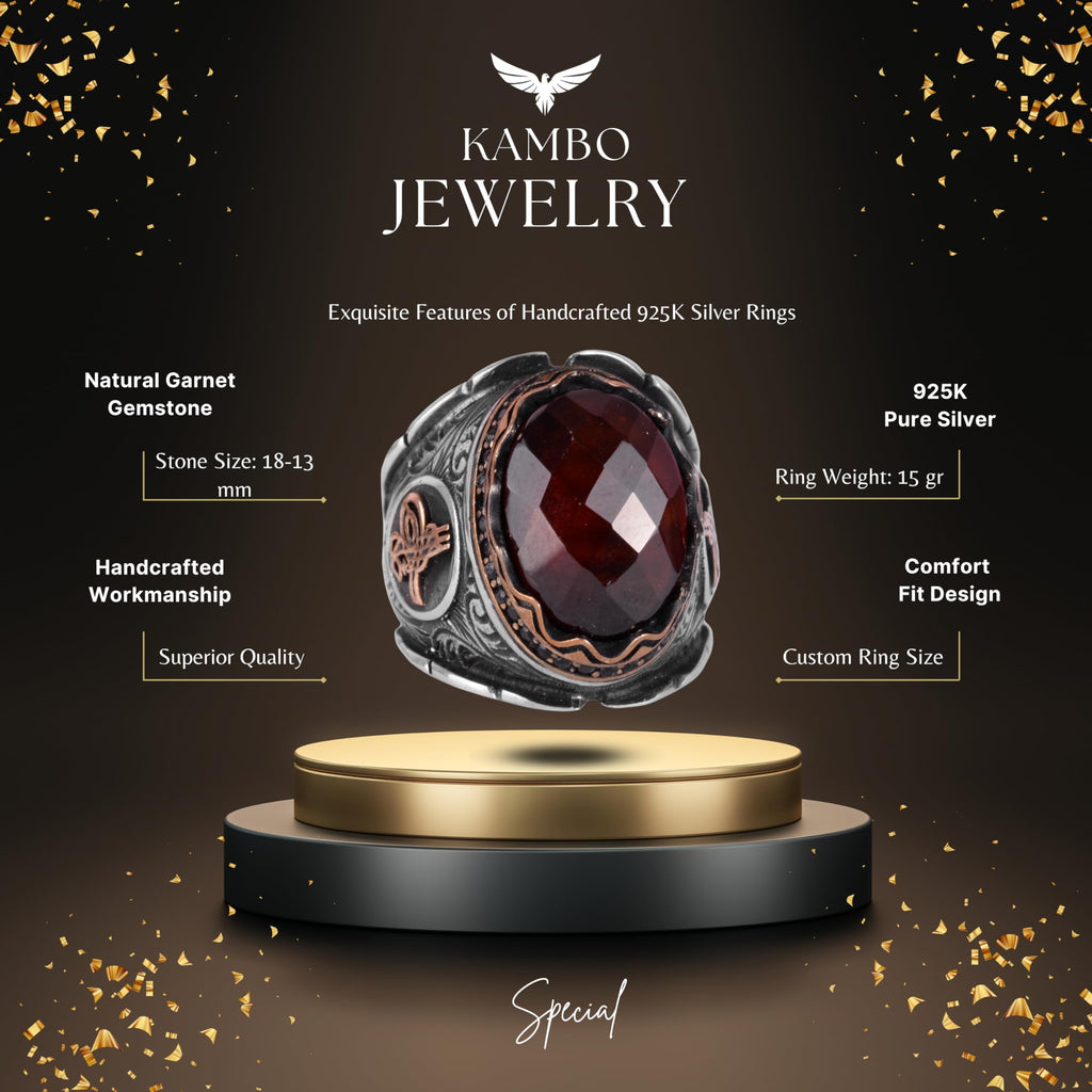 Natural Garnet Stone Ring, 925 Sterling Silver, Ottoman Tughra Ring — 2