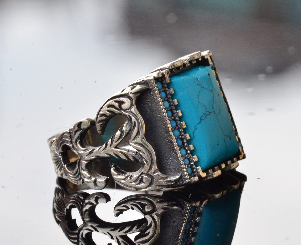 Handmade Vintage Turquoise Ring - 925 Sterling Silver, Stylish Ornate Design, Durable, Distinctive Jewelry, Perfect Fit — 4