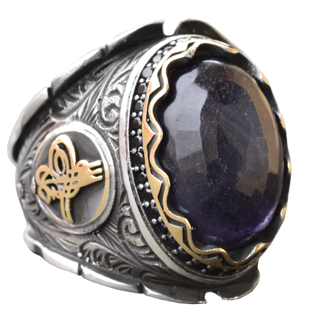 KAMBO Handcrafted Men's Ring with Genuine Blue Sapphire - 925 Sterling Silver, Intricate Ottoman Sign Design, Middle Eas