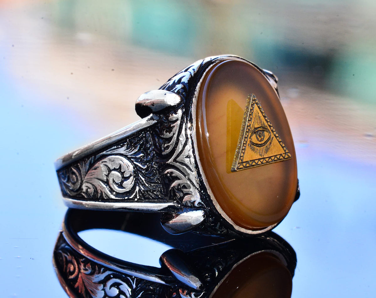 925 Sterling Silver Men's Ring with Created Yellow Agate Stone, Pyramid Evil Eye Design