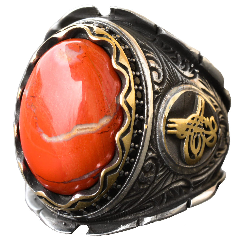 KAMBO Handmade Genuine Natural Bloodstone Ring 11.15 Carat, 925 Sterling Silver Ottoman Signet Ring, Middle Eastern Ethn