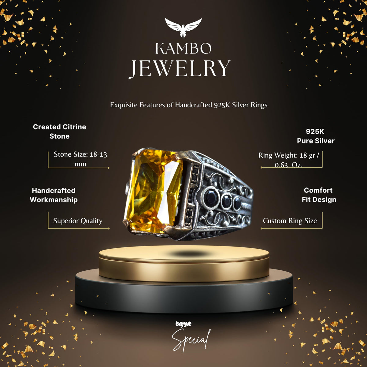 925 Sterling Silver Men's Ring with Natural Citrine Stone, Men's Ring with Citrine Stone, Handcrafted Carved Men's Silver Ring, Turkish Silver — 2