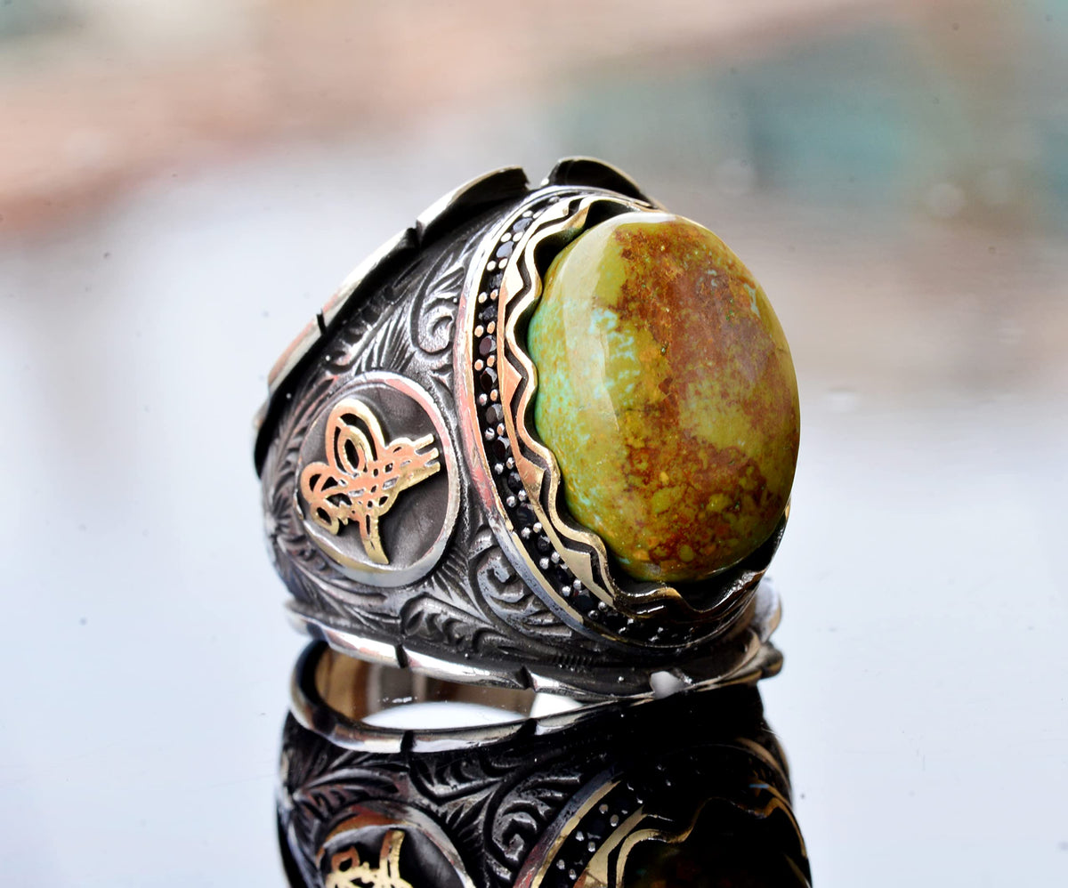 KAMBO Handcrafted 925 Sterling Silver Men's Ring with Genuine Arizona Turquoise - Intricate Ottoman Sign Design - Unique