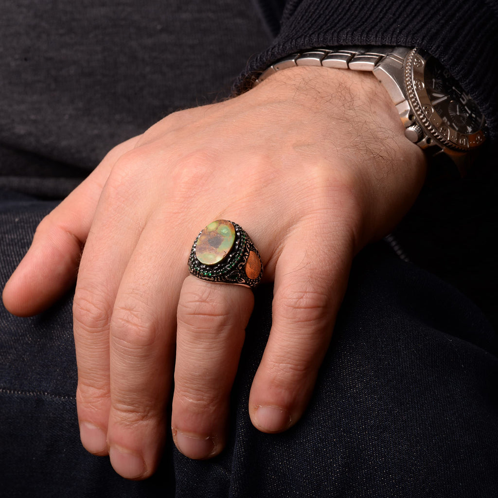 Natural Arizona Turquoise Stone Ring - Minimalist 925 Sterling Silver Men's Ring — 7