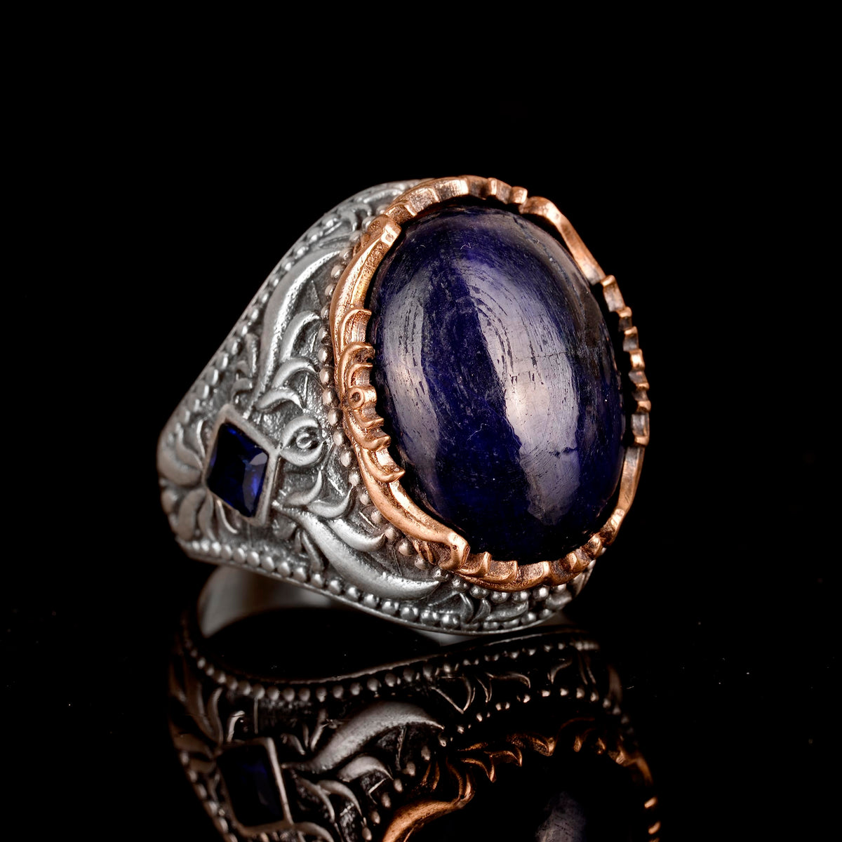 Handmade Silver Men's Ring | Natural Cabochon Sapphire Stone — 3