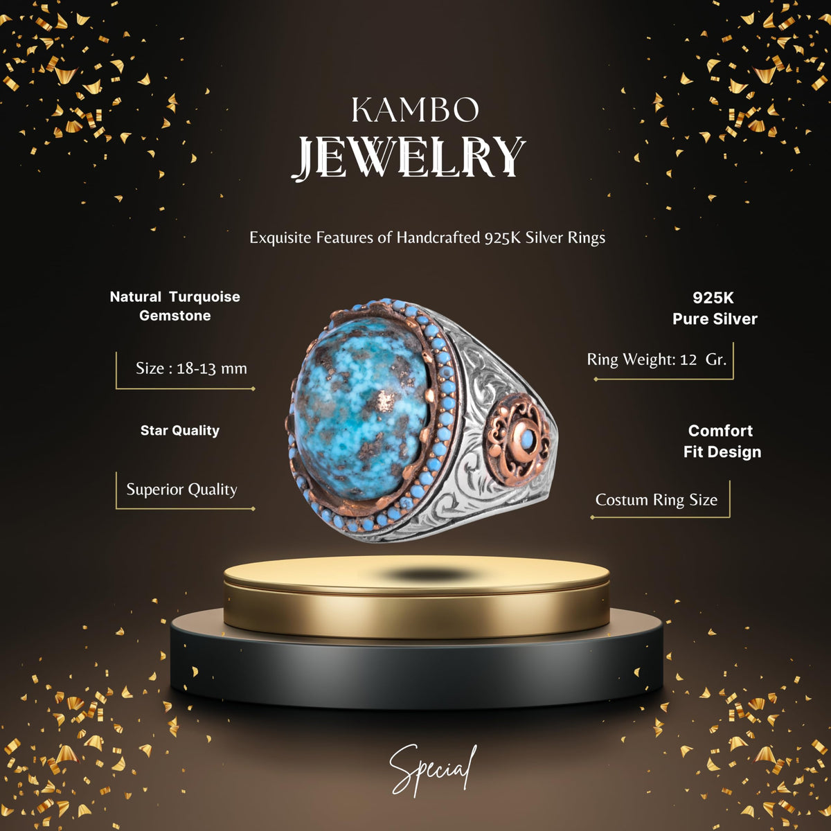KAMBO Authentic Arizona Turquoise Stone Men's Ring - Natural Stone Handmade 925 Sterling Silver Ring (B) — 2