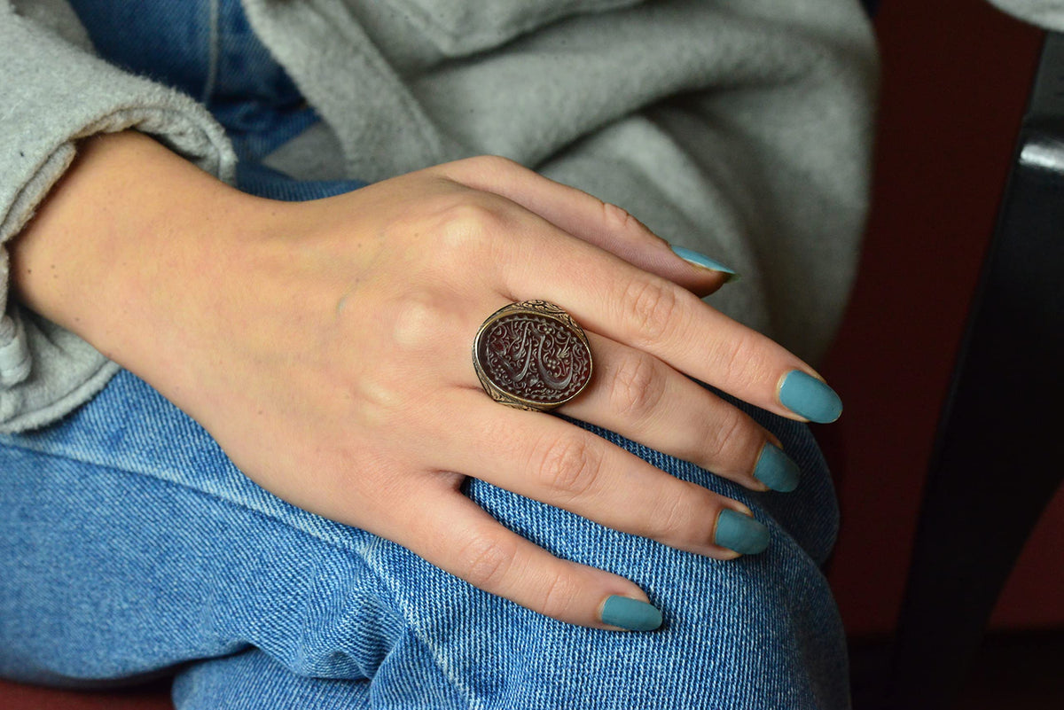 KAMBO Islamic Red Agate Ring, Handmade 925 Sterling Silver Men's Ring, Intricate Patterned Artisan Jewelry — 4